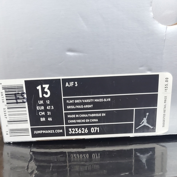 JORDAN AJF 3 "FLINT GRAY VARSITY MAIZE" SIZE 13 323626-071 - Picture 10 of 13